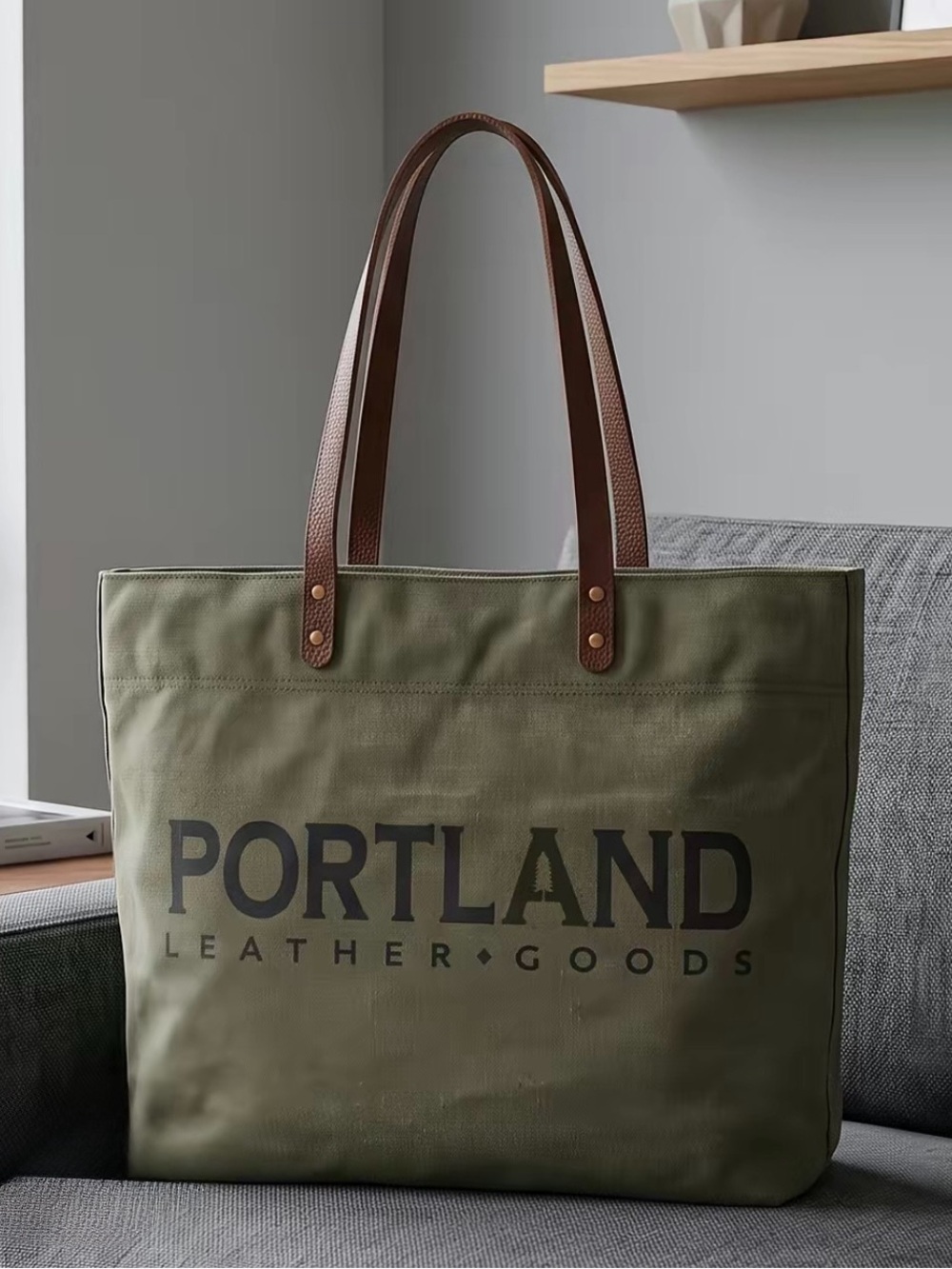 Portland Leather Olive Canvas Tote with Brown Leather Straps
